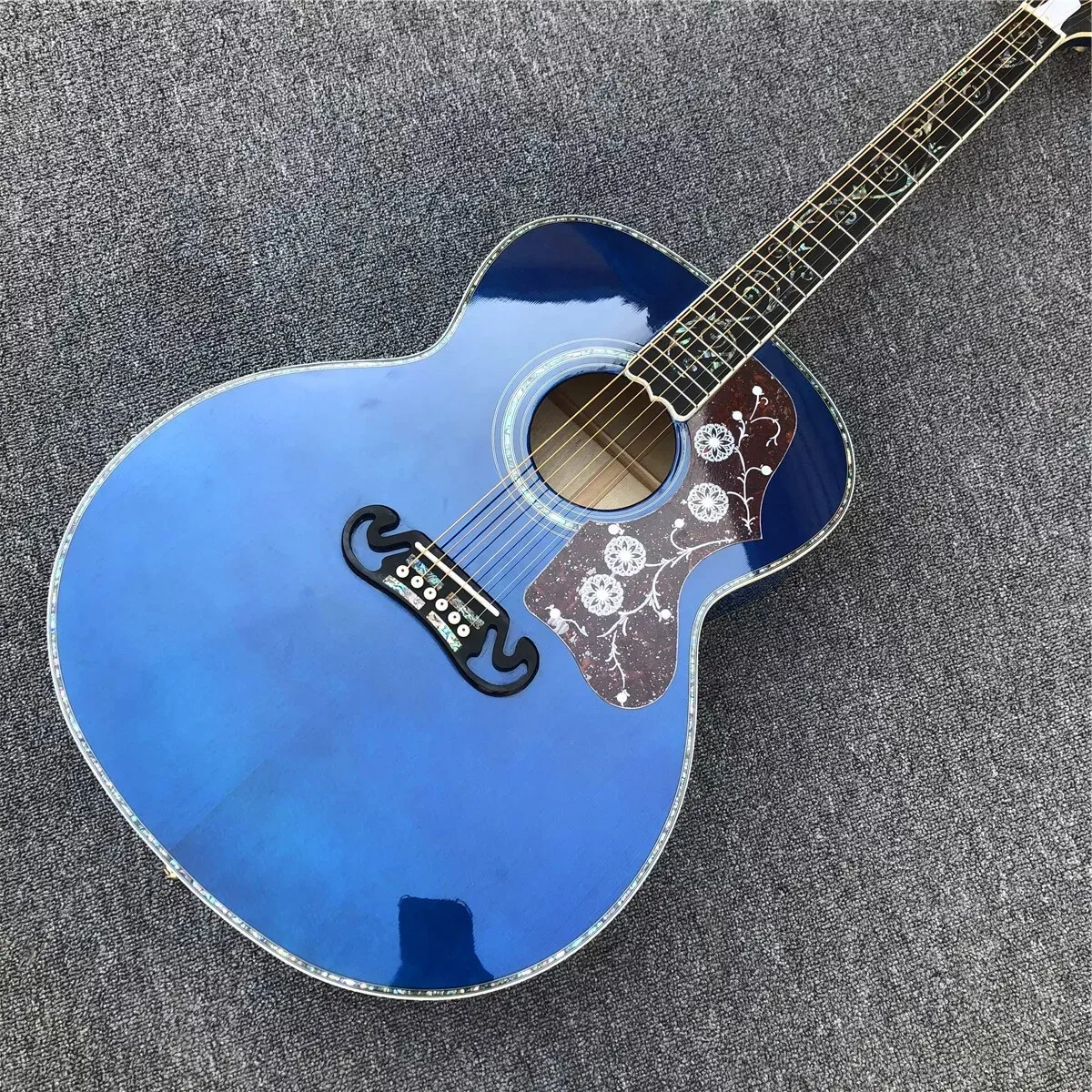 

Blue 43 Inch Solid Spruce Acoustic Guitar Abalone Inlays Flame Maple Jumbo Body 06.03