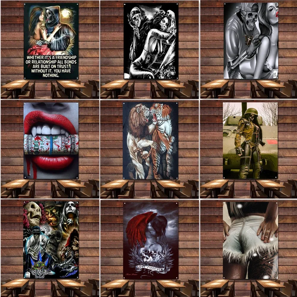 

Страшный художественный плакат с татуировкой, настенный график, винтажный Настенный декор, баннер, гобелен, горячая девушка, красные губы, череп, художественный флаг с 4 прокладками, на заказ