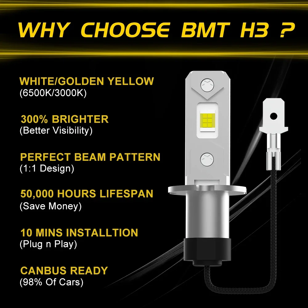BMTxms 2PCS 3000K 골든 옐로우 H3 LED 안개등 전구 캔버스 자동차 LED DRL 6000LM 30W 오펠 아스트라 G H 코르사 D 벡트라 B C 자피라용