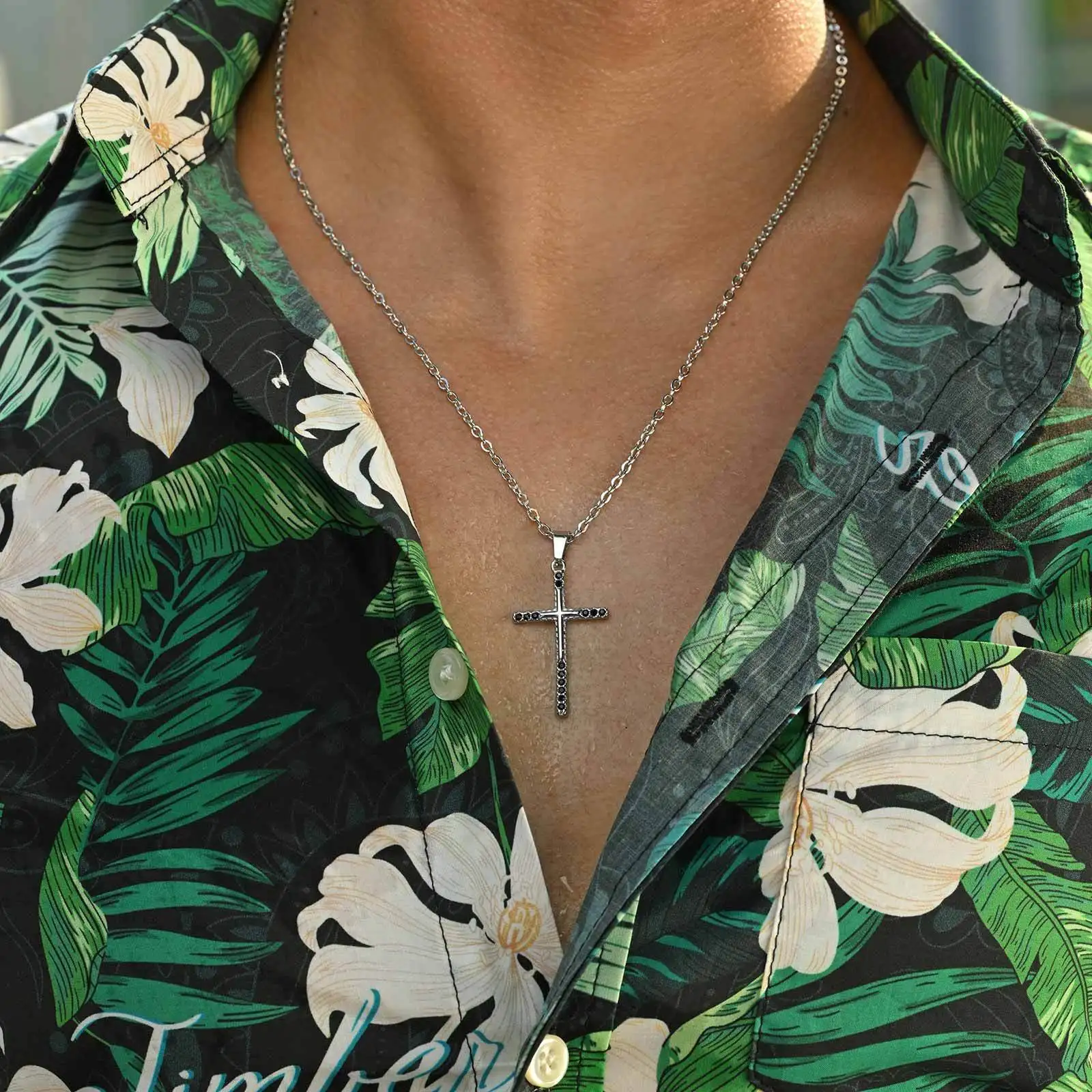 Minimalist Cross Necklace for Men Boys,Stainless Steel Black Crystal Zircon Cross Pendant,Gift for Husband Boyfriend Brother