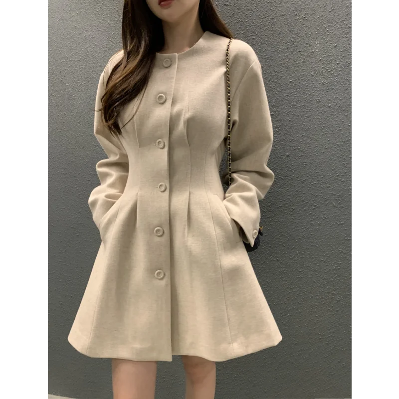 

Korea Chic French Vintage Crewneck Single-breasted High Waist Long-sleeved Woolen Elegant Tweed One-piece Women Dress Winter