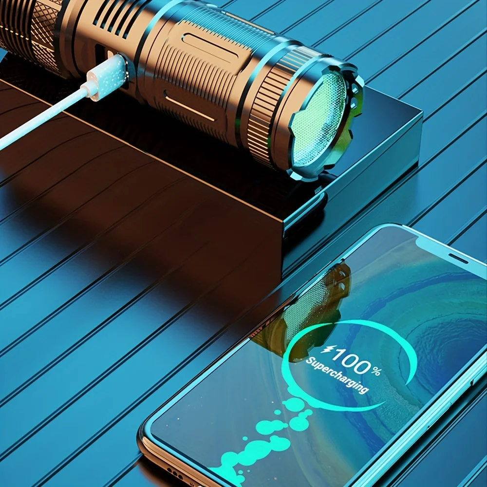 강력한 LED 알루미늄 손전등, USB C 타입 충전식, 줌 가능 토치, 야외 낚시 캠핑 비상, 20W, 1 개