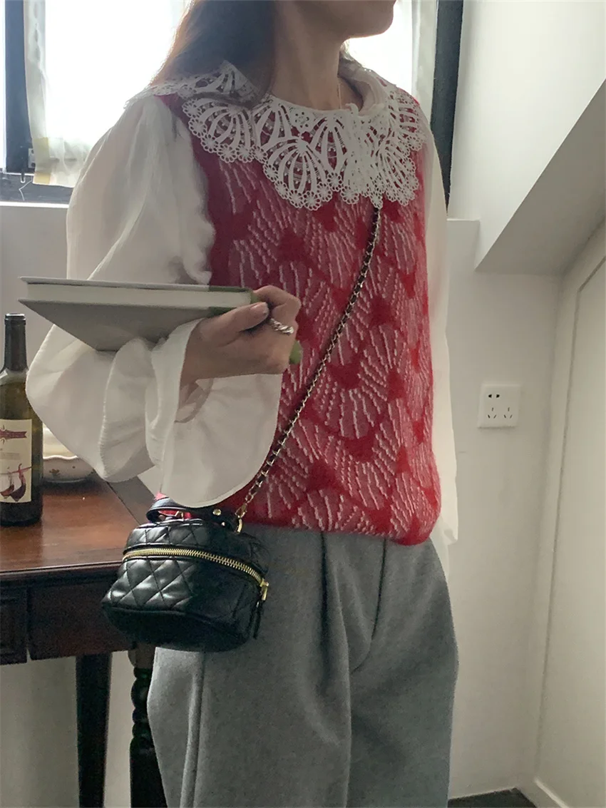 Arazooyi Vintage Wide Leg Shorts Women Chic Office Lady Peter Pan Collar Shirts Autumn Elegant Knitted Sweet Sweaters Vest