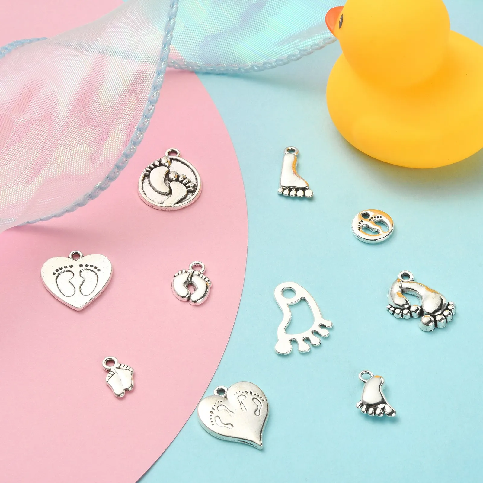 100Pcs 10 Styles Tibetan Footprint Charms Antique Silver First Step Foot Charms for DIY Bracelet Necklace Jewelry Making