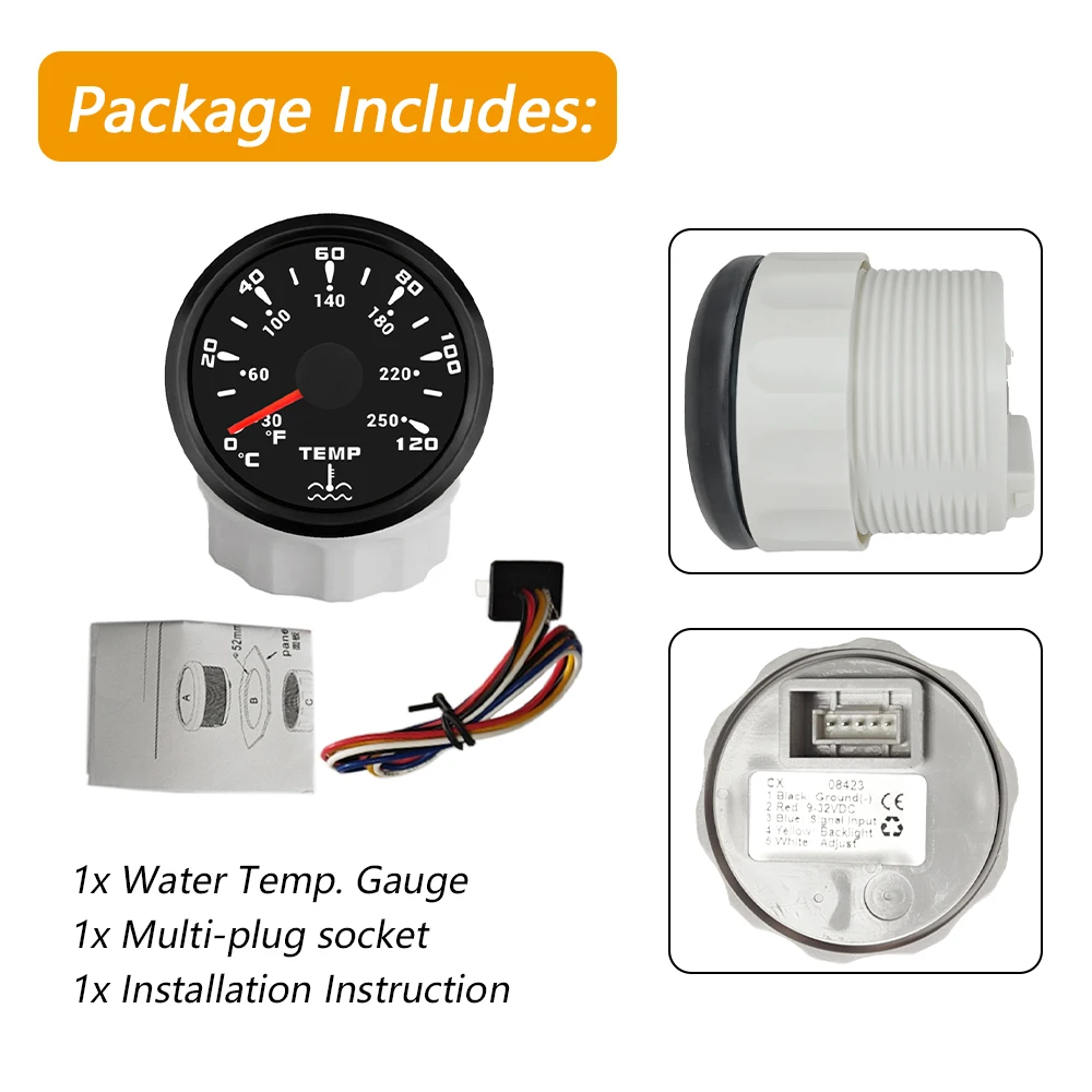 ELING 유니버셜 52mm 수온계 게이지 40-120도 7색 백라이트 12V 24V 자동차 트럭 선박용
