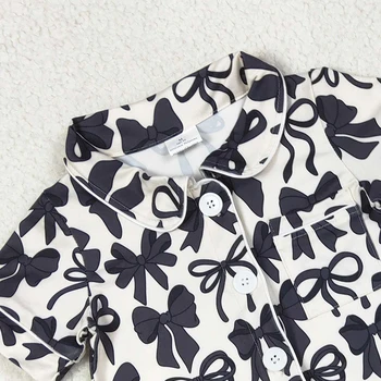 Toddler Girl Summer Pajamas Set Baby Black Bows Print Button-Down Lapel Pocket Short Sleeve Tops and Shorts Loungewear 2Pcs Sets 3