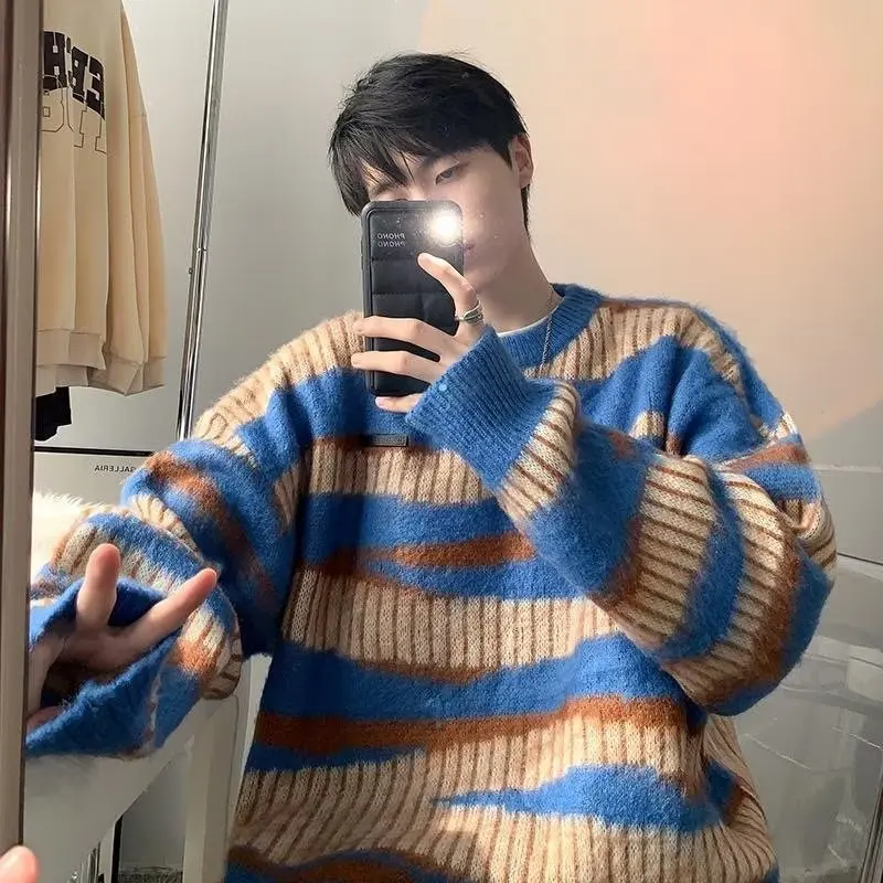 Men's Y2K Blue Vintage Striped Knit Knitwear Couple Sweater Sweatshirts Korean Autumn Winter Clothes Pullovers Blouse Tops Men