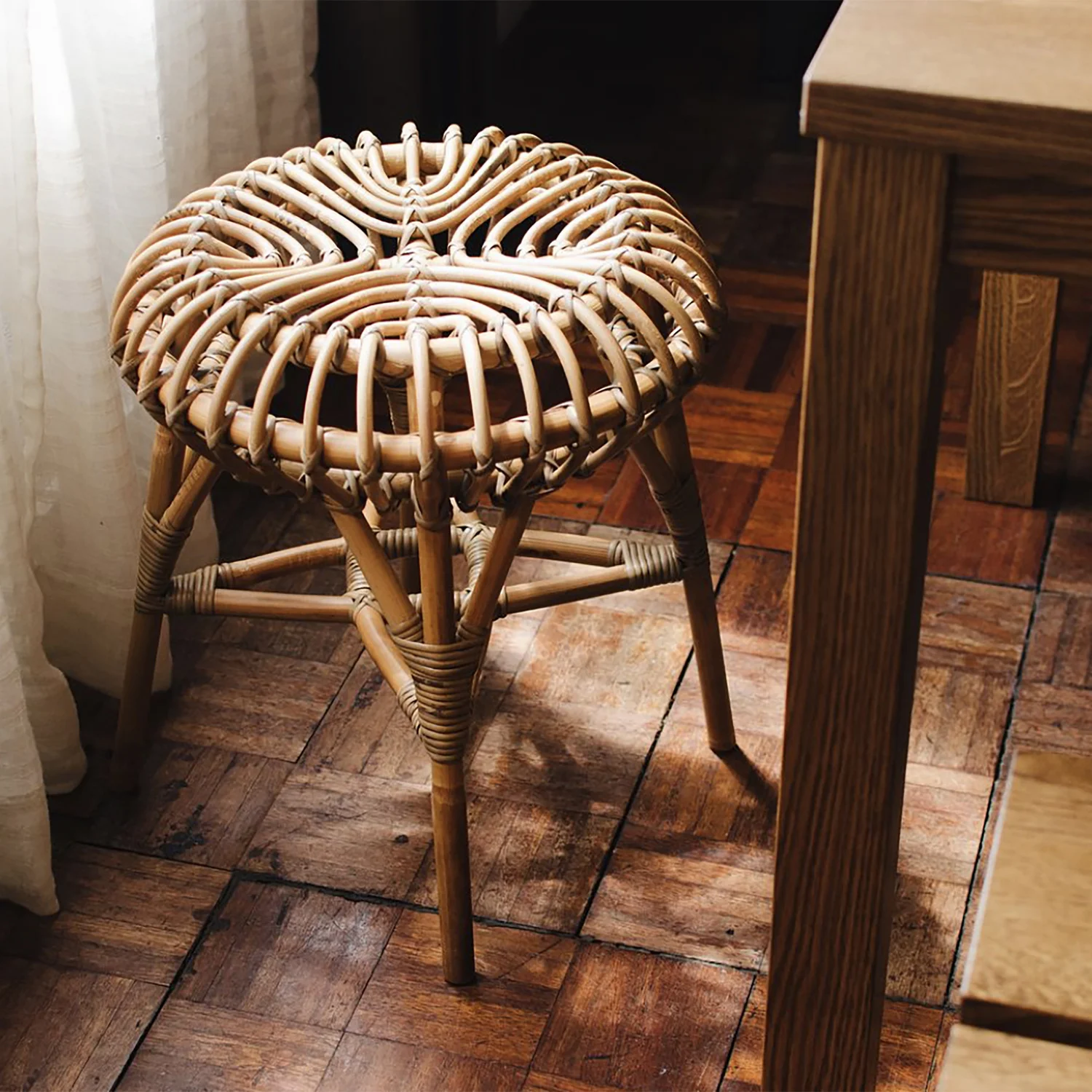 Medieval French Rattan Bamboo Dining Chair Dining Stool Cool Stool Room Living Room Home Bench Retro Japanese Wabi-Sabi