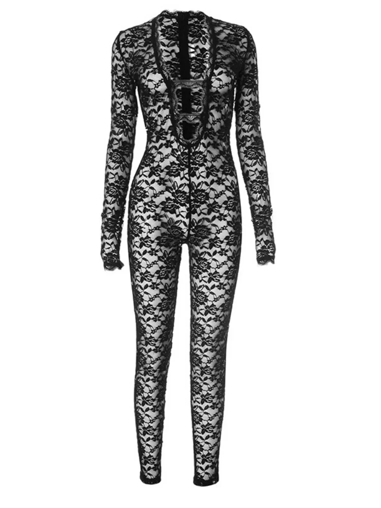 Wmstar Jumpsuit Women Wholesale Sexy Deep V Neck Lace Hollow Out Zipper Hot Girl Night Club One Piece Outfits Drop Shopping