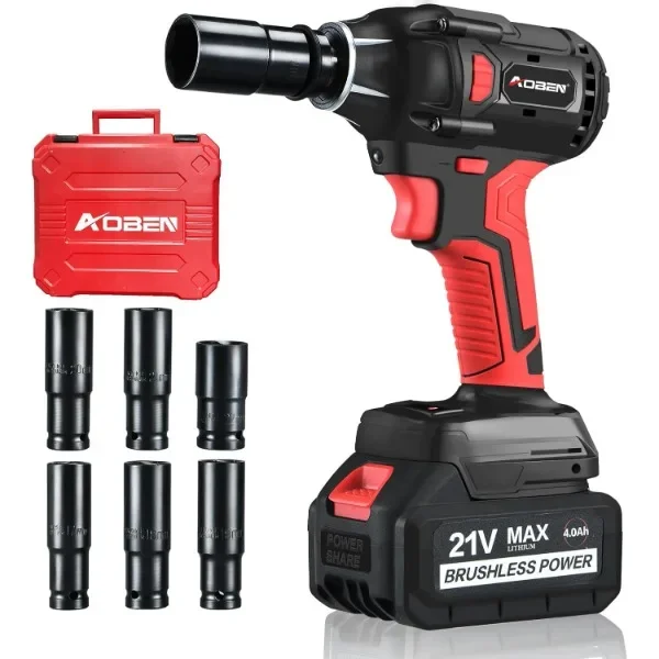 

AOBEN 21V Cordless Impact Wrench, 400N.m Max Torque, 3000rpm Speed, 4.0Ah Li-ion Battery, 6Pcs Driver Sockets, Fast Charger