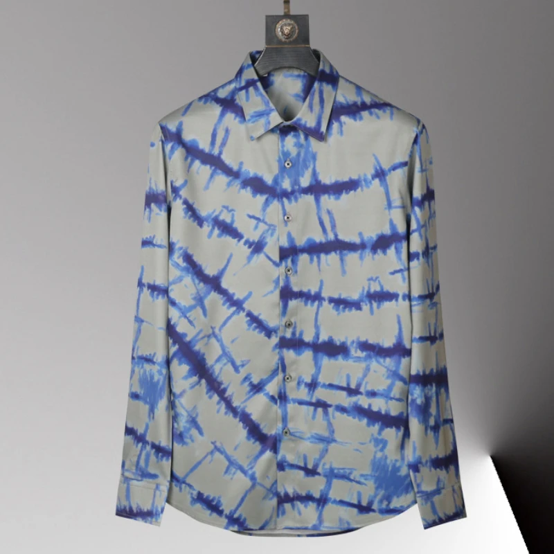 Luxury Mens Printed Silk Shirts Silk Shirt Mens Long Sleeve Minglu Men Shirt Blue Aliexpress