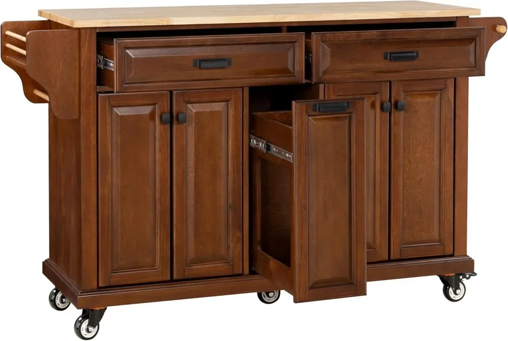 Rolling Kitchen Island Table on Wheels with Wood Top, Kitchen Island Cart with 4-Doors Storage Cabinet, 3-Drawers, Side Rack