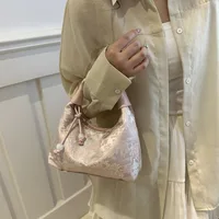 Sweet Embroidery Shoulder Bag Nylon Texture Pearl Pendant Crossbody Bag Small Bucket Handbag Women Girl - Image 2