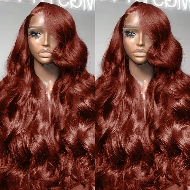 Perruque Lace Front Wig naturelle Body Wave, cheveux humains, brun rougeâtre, 13x4, 13x6, pre-plucked, densité 200%, couleur 1