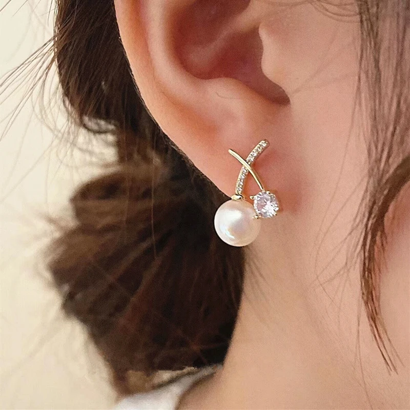 

Simple Zircon Cross Pearl Earrings for Women Korean Temperament Earrings Fashion Jewelry Girls Accessories