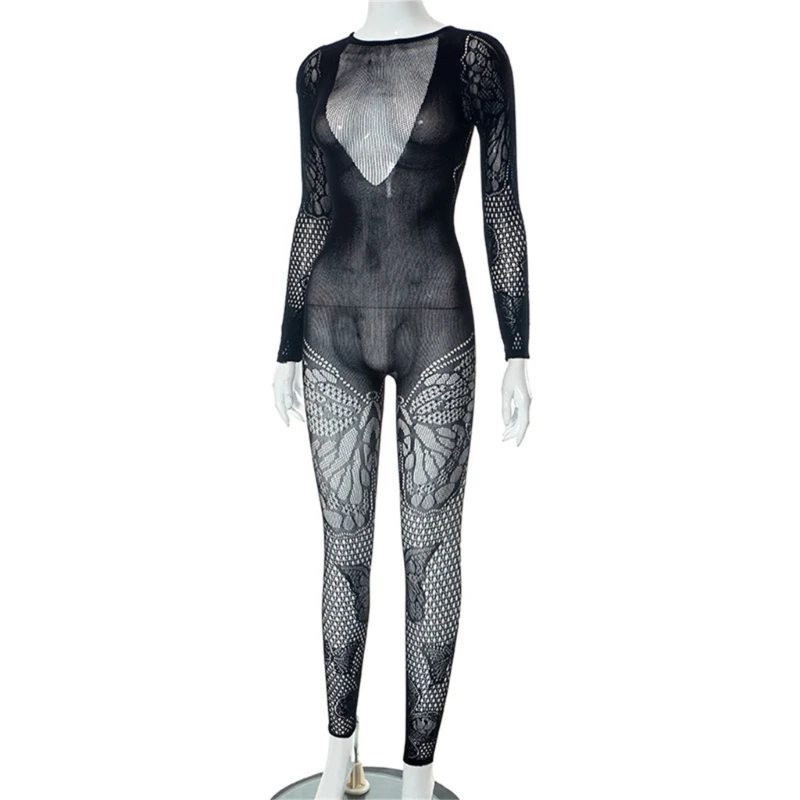 

Black Stretchy Bodysuit Sexy Hollowed Jumpsuit with Butterfly See Through Lady Bodycon One Pieces Romper