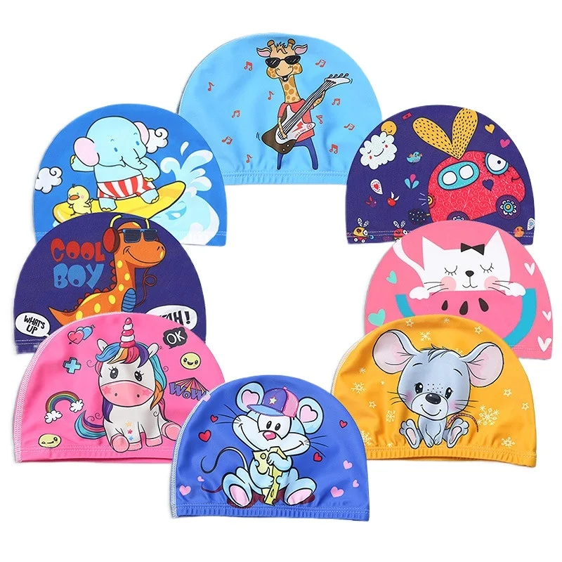 Cartoon Kawaii Swimming Cap for Children Kids Cute Dolphin Elephant Cat Pattern Swim Hat Cap Ear Protection Swim Cap 5
