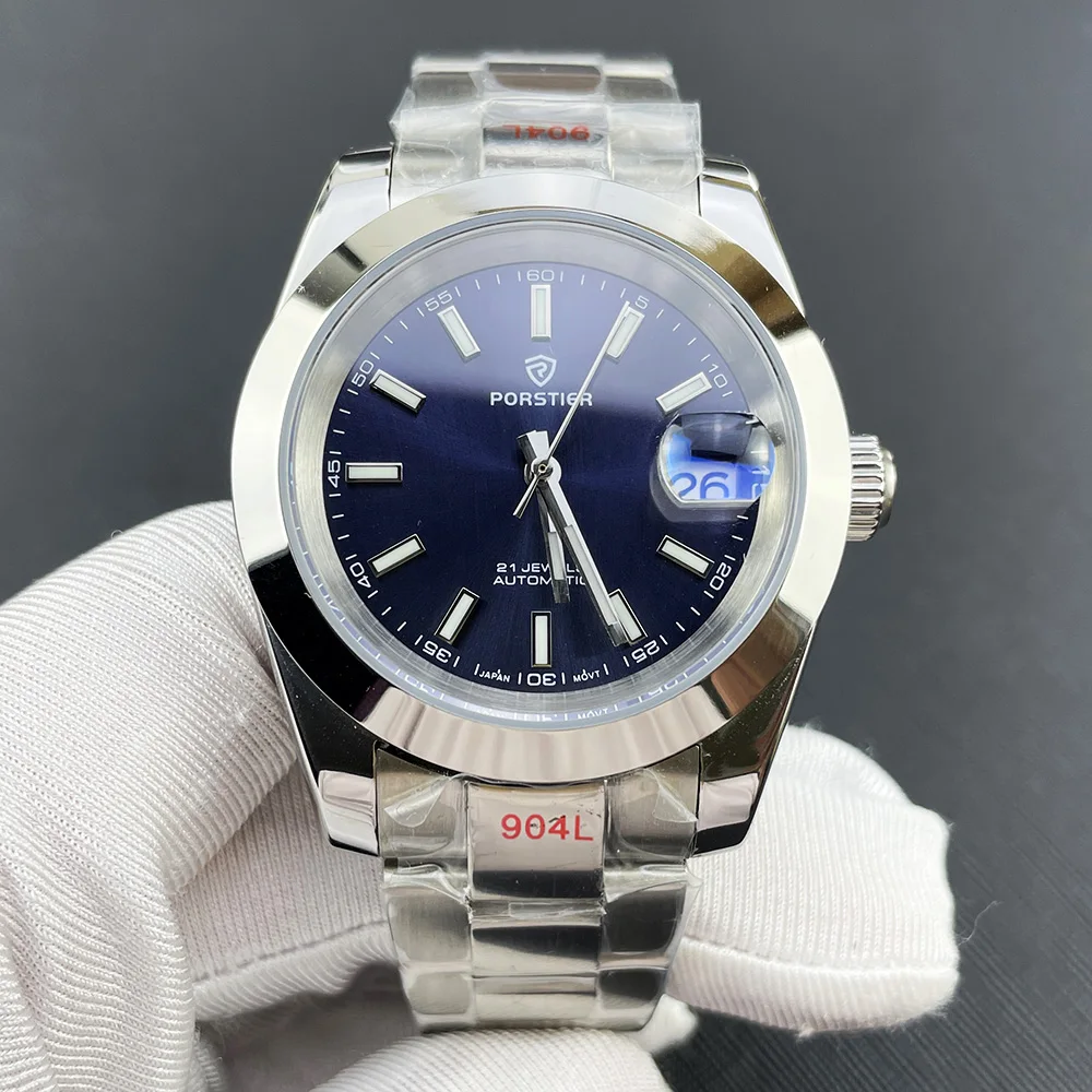 

PORSTIER Men's Watch 36/39mm NH35 Automatic Movement 10ATM Water Resist Sapphire Sterile blue Dial Date 904L Oyster Bracelet