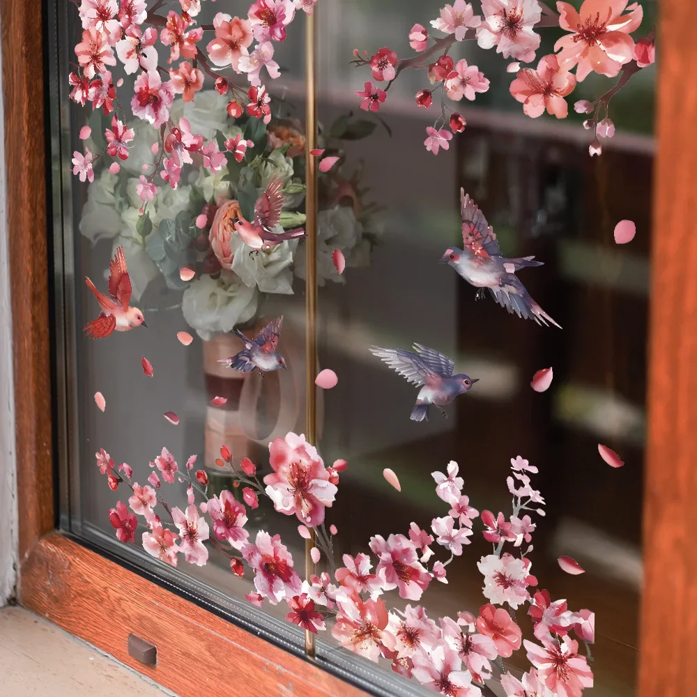 1PCS Foreign Trade Peach Blossom Branch Bird Glass Window Home Beautify Decoration Electrostatic Uv Window Sticker window stickers