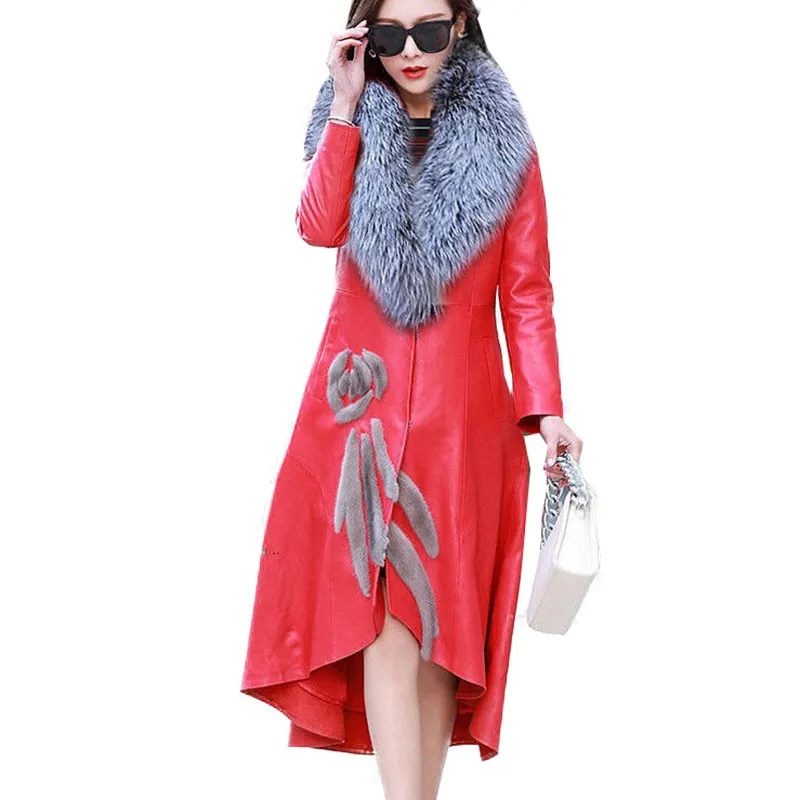 

Nice New Women's PU Leather Jacket For Spring Autumn Slim Big Fur Collar Long Leather Coat Female Loose Leather Outerwear 7XL