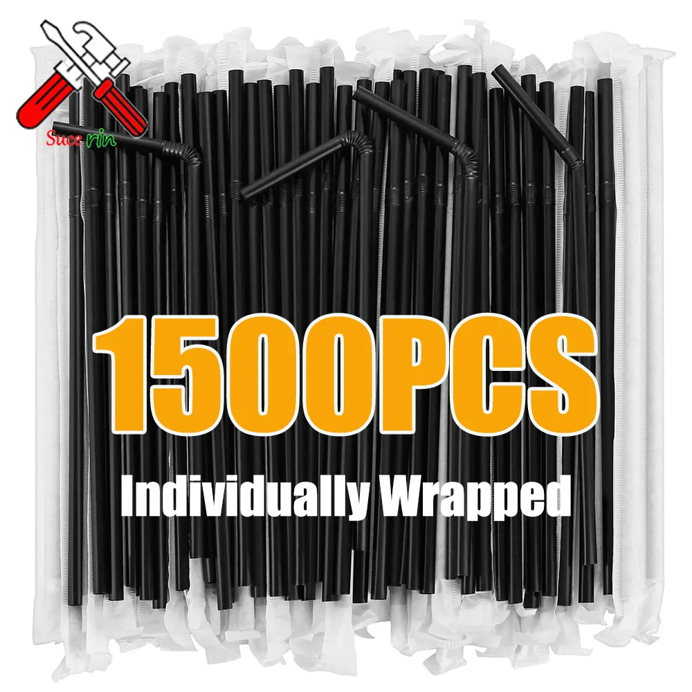 Drinking Straws Black Plastique Straws Individually Wrapped rietjes Flexible Bar Party Kitchen Accessories 50-1500Pcs
