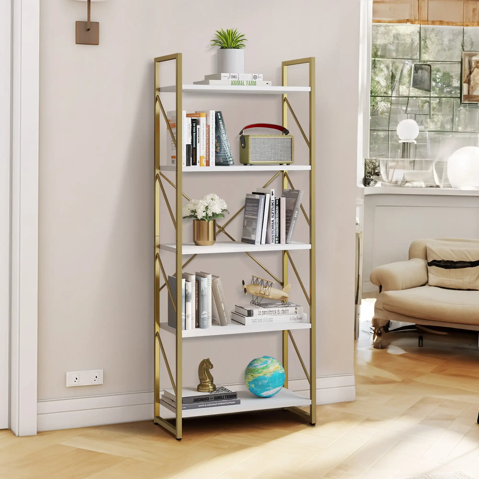 

Dextrus 5-Tier Bookshelf Gold Bookcase Industrial Freestanding Book Shelf Modern Open Display Storage Organizer Book Shelves