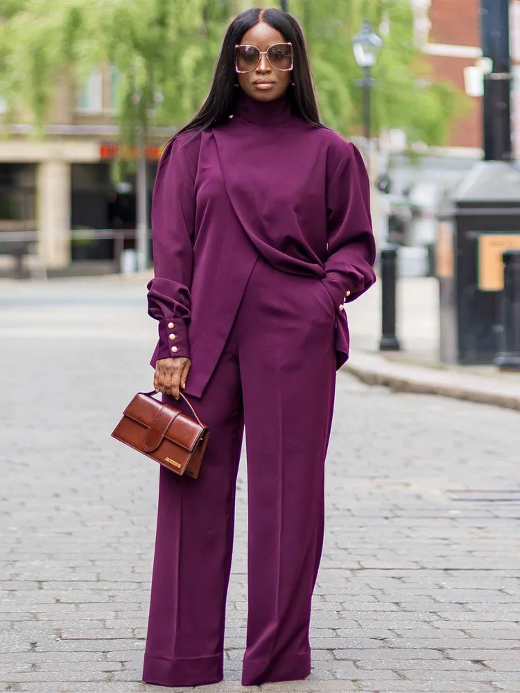 

Solid Color Turtleneck Lounge Two Piece Sets Irregular Split Long Sleeve Top + Straight Wide Leg Long Pants Outfits Streetwear