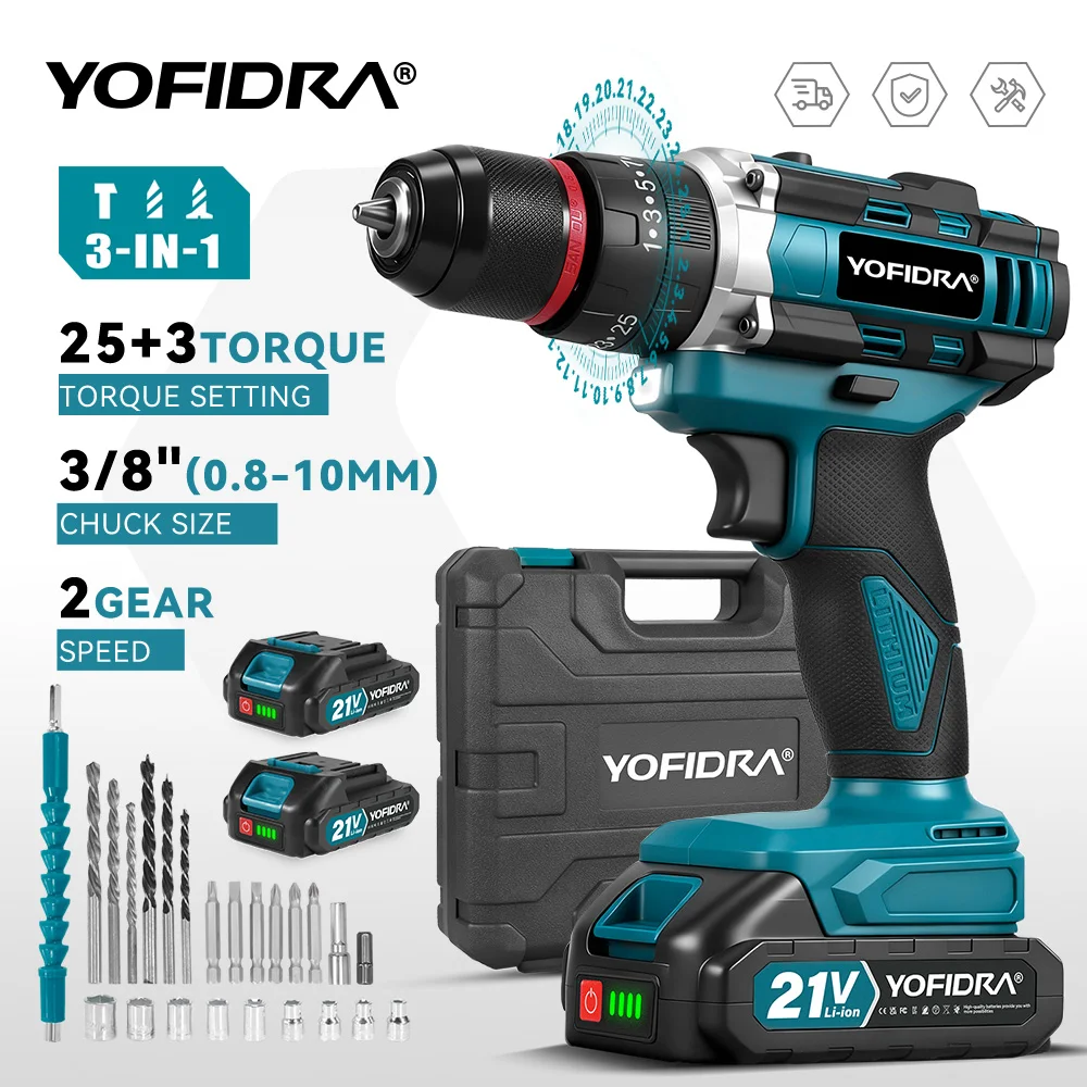 YOFIDRA 3 IN 1 25+3 Torque Electric Impact Drill Handheld Cordless Impact Drill Woodworking Power Tool For Makita Battery Pin