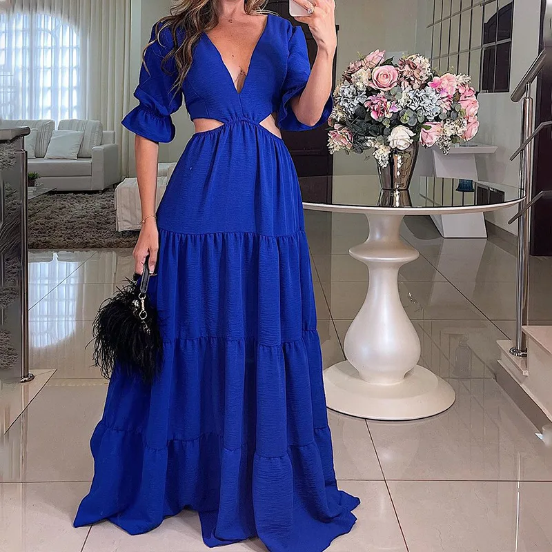 

2024 Autumn and Winter Dresses Fashionable Personality V-neck Waist-revealing Evening Dress Mid-length Dress