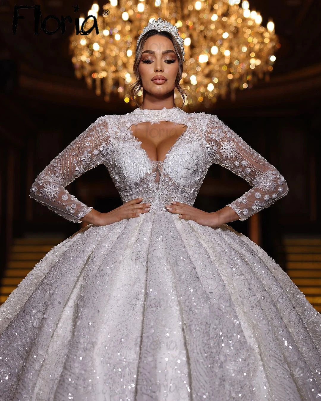 

Luxury Long Sleeve High Collar Wedding Dresses Lace Appliques Ball Gown Bridal Gowns White Dubai Vestido De Casamento Customized