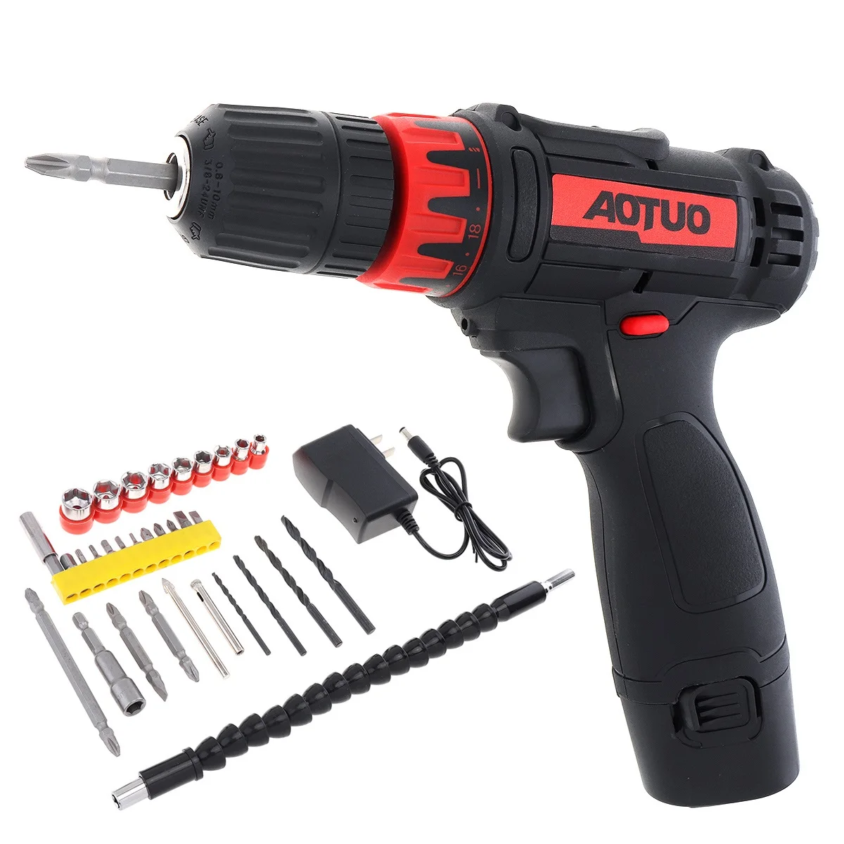 AC 100-240V Cordless 12V Household Lithium Electric Drill Rotation Adjustment Switch 32pcs Accessories for Drilling Screwing household multifuctional 21v electric drill 2 speeds control stepless speed regulation rotation ways adjustment 25 gears of torques adjustable lithium drill