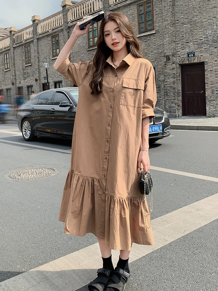 

Plus Size 6XL 150KG Summer Shirt Dress Women Short Sleeve Dress Loose Waist Dresses Ladies Casual Solid Color Long Dress
