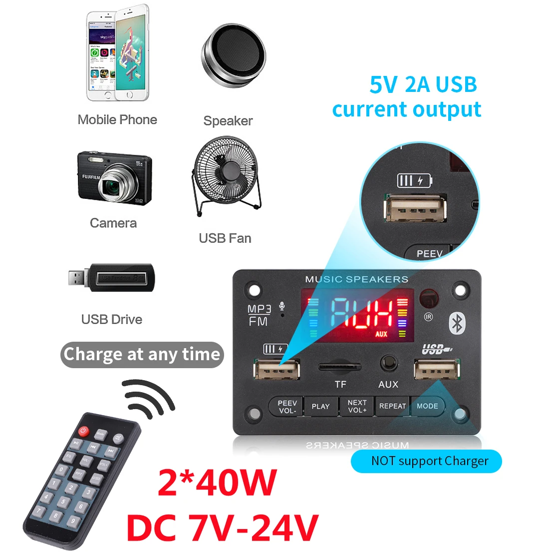 2*40W Amplifier MP3 Decoding Board 12V 24V Bluetooth Module Wireless Car USB MP3 Player TF Card Slot USB FM with Mic Handsfree zune mp3 player