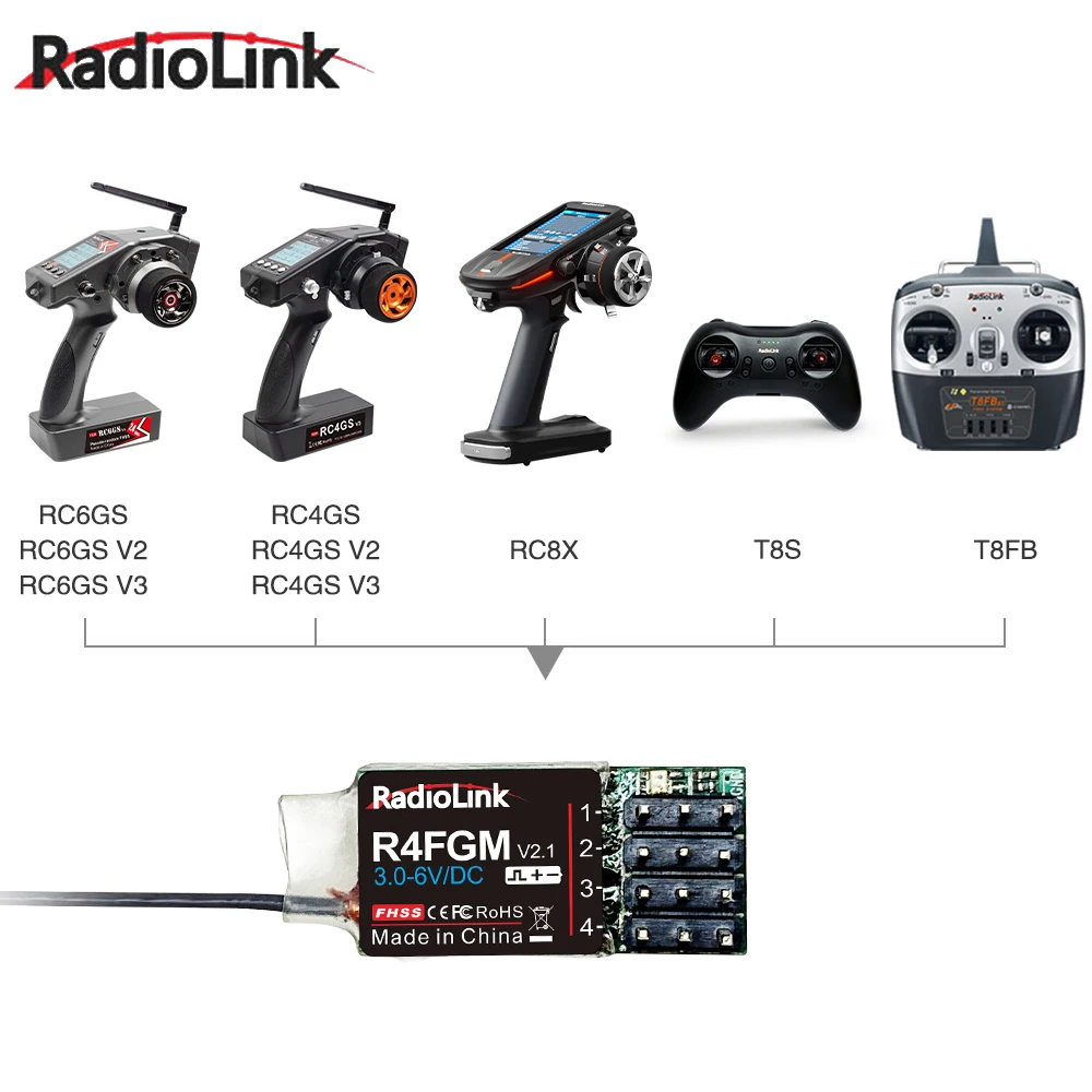 1pcs Radiolink R4F/ R4FGM(With Gyro) 2.4Ghz 4CH PWM Receiver 400m Range Compatible RC6GS/ RC4GS/ FC8X/ T8S/ T8FB For RC Car Boat