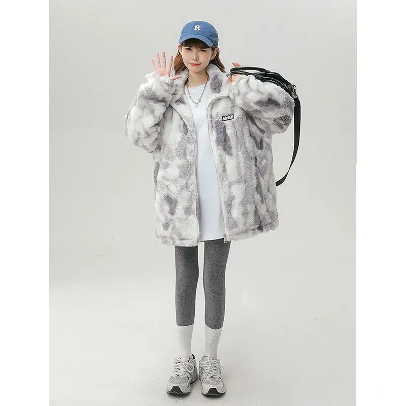 Lamb Wool Jacket Women Vintage Autumn Winter Faux Fur Jacket Streetwear Tie-dye Zipper Parkas Oversized Warm Korean Coat New