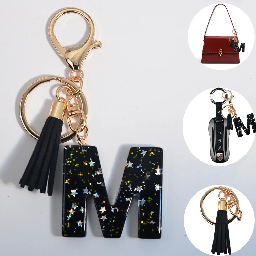 Suweibuke Fashion Initial Letter Keychains - Black With Tassel, Epoxy Resin, Personalized Charms For Bags