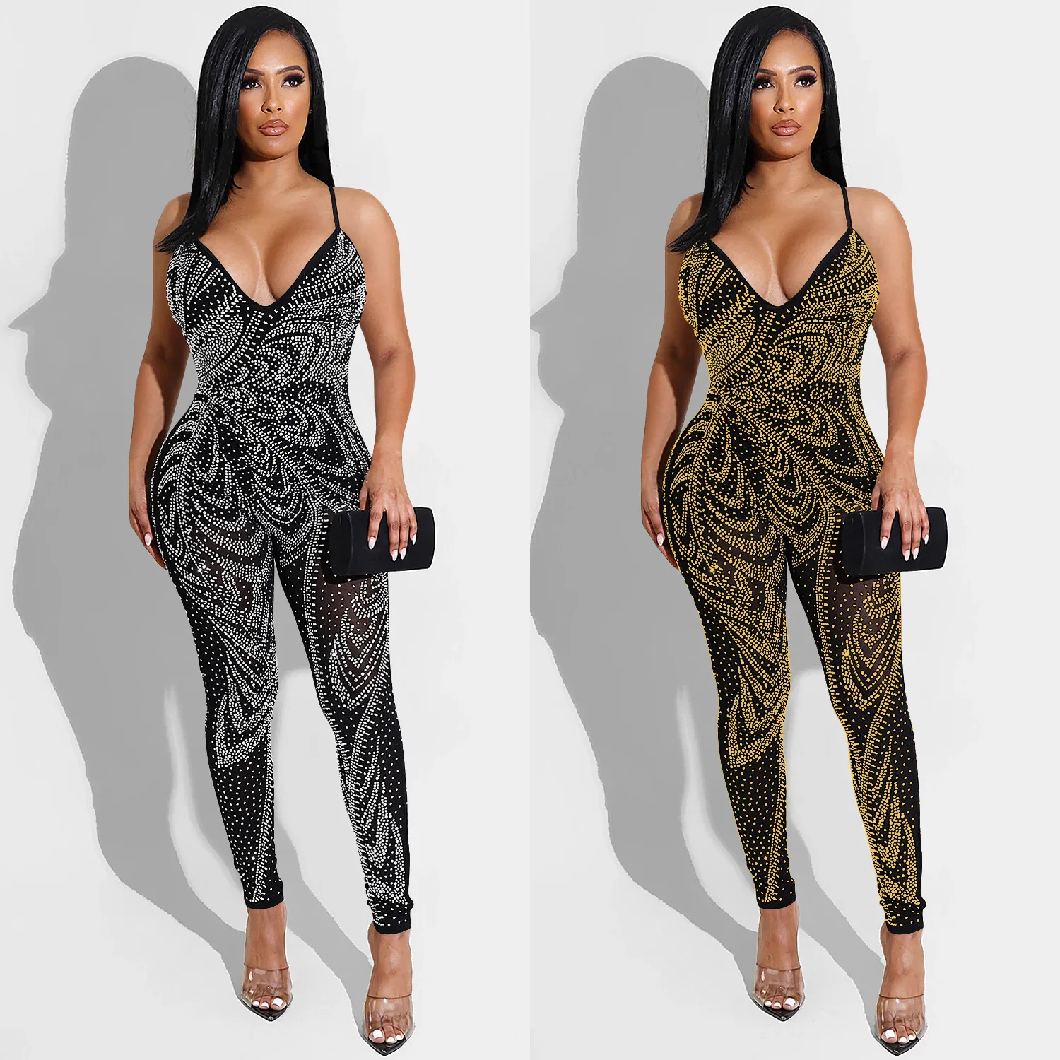 

2022 Summer Women's Sexy Nightclub Mesh Perspective Milk Silk Sling Pants Jumpsuit