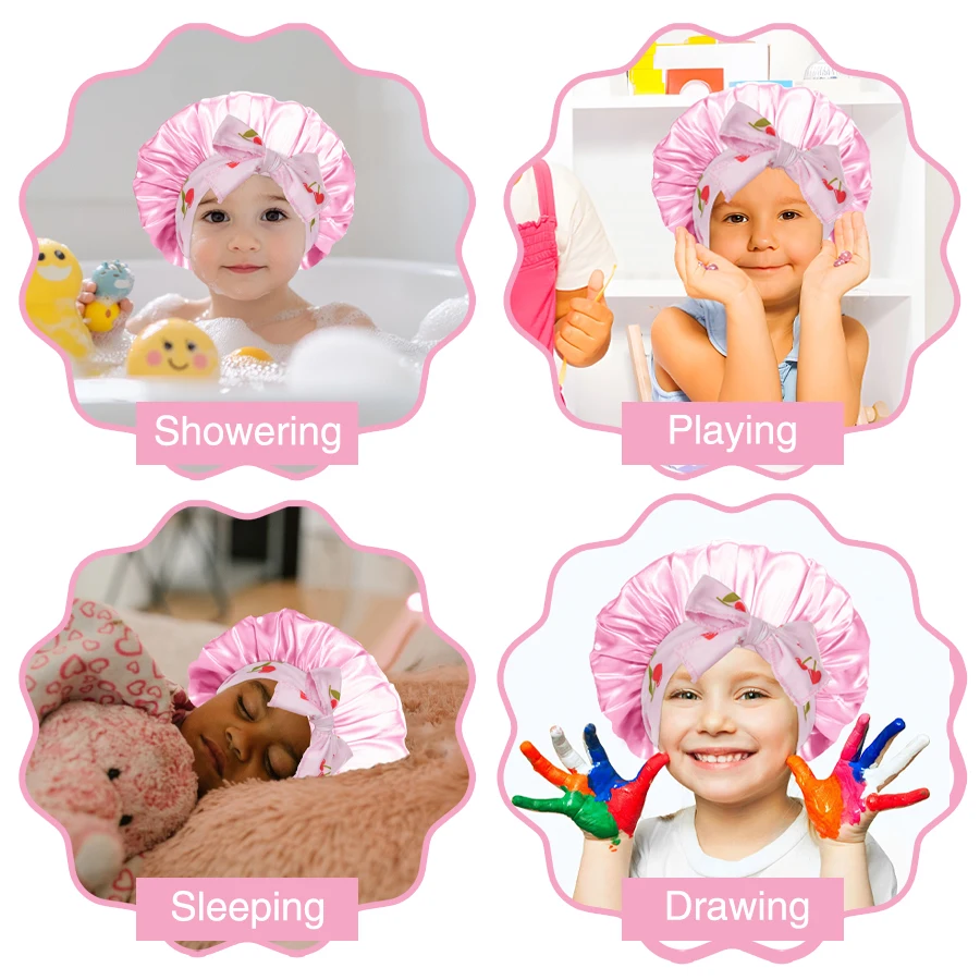 Baby Sleep Cap with Band Bow Tie Silk Kids Shower Night Sleep Hat Beanies Satin Bonnet Nightcap for Child Boy Girls