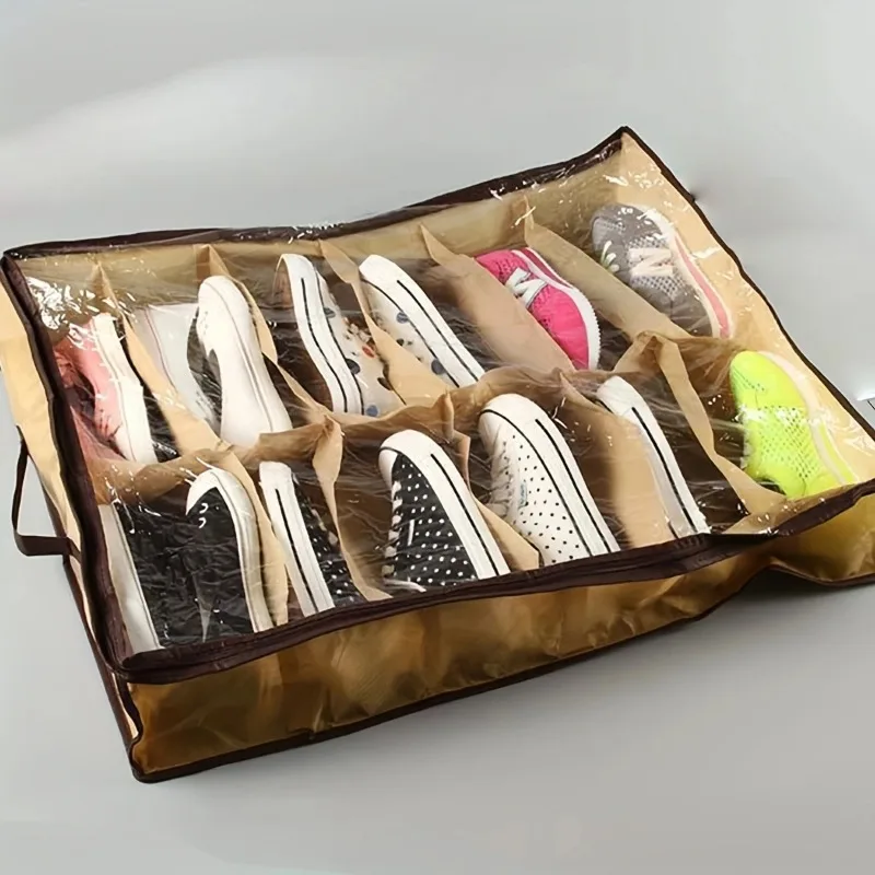 12-Compartment Transparent Shoe Storage Bag - Dustproof and Moisture-Resistant, Hand-Washable, Under-Bed Organizer with Handles