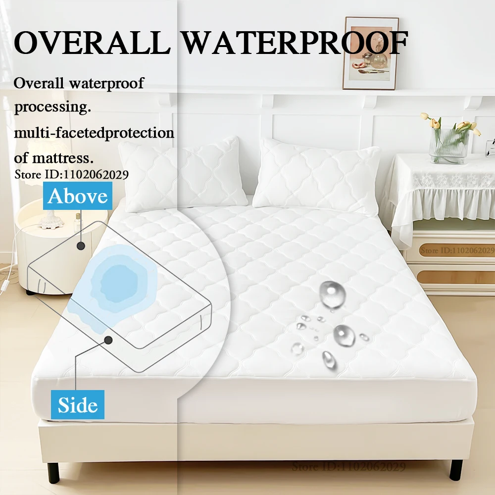 Waterproof Throw Mattress Cover Bed Fitted Sheet Mattress Bedspread Protector Pads Single/Double/King/Queen Full Size Gray/White 6