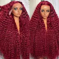 Cheveux bouclés ondulés profonds de 36 pouces # Perruques en cheveux humains brésiliens 99J, perruque frontale en dentelle transparente 13x4 couleur vin rouge, perruque frontale en dentelle HD 13x6 4