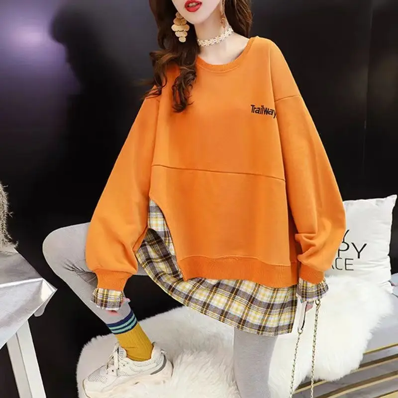 Female Casual Loose Fake Two Pieces Round Neck Sweatshirts Autumn Winter Korean Plaid Spliced Pullovers Tops Women's Clothing