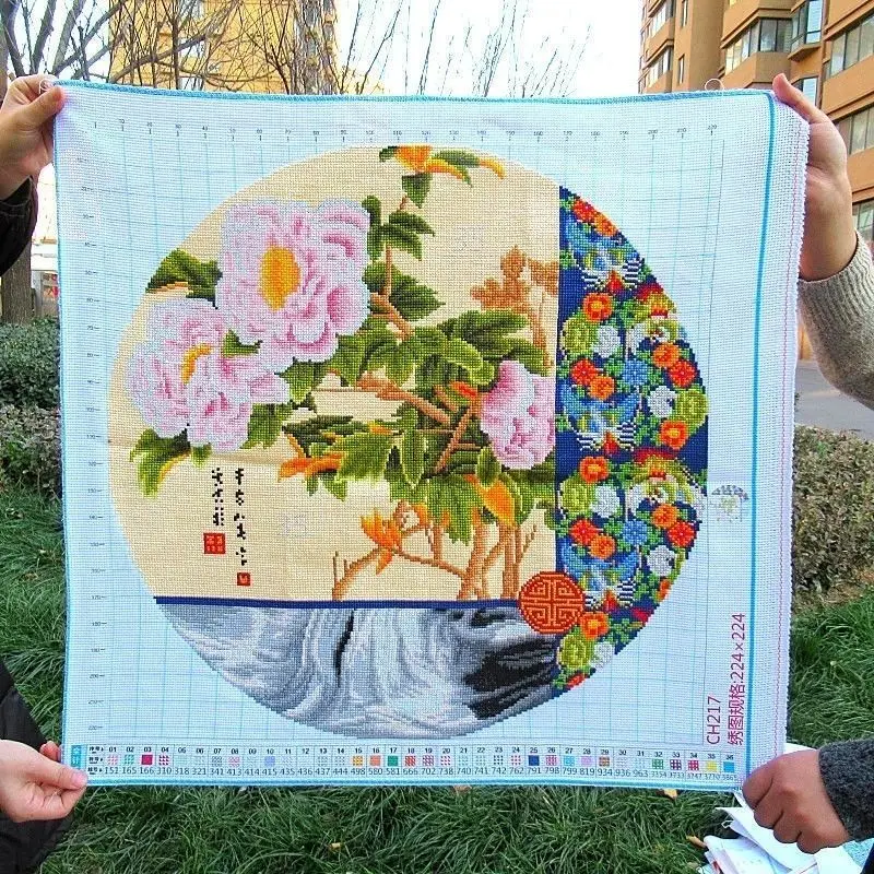 순수 수제 크로스 스티치 완제품, 국가 색상, 모란 꽃이 피며, 부유하고 고귀한, 원형, 작은 생활
