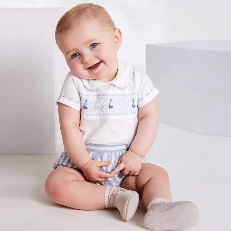 Cekcya Baby Boy Hand Made Smocking Suit Children Summer Embroidery Shirt Striped Cotton Shorts Boys Spanish Smocked Clothes Set