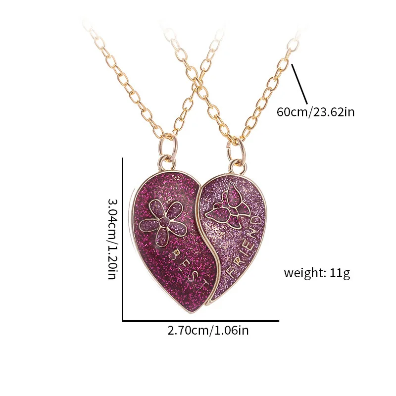 2 Stück Pailletten-Herz-Magnet-Halskette für Frauen und Mädchen, modisches gebrochenes Herz, Schlüsselbeinkette, BFF, beste Freunde, Schmuck, Geschenke – Detail 1