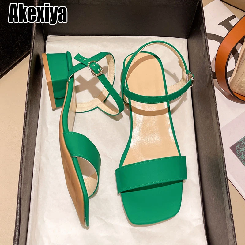 Women Green Sandals New 2023 Summer Cute Mid Heel Party Shoes Ladies