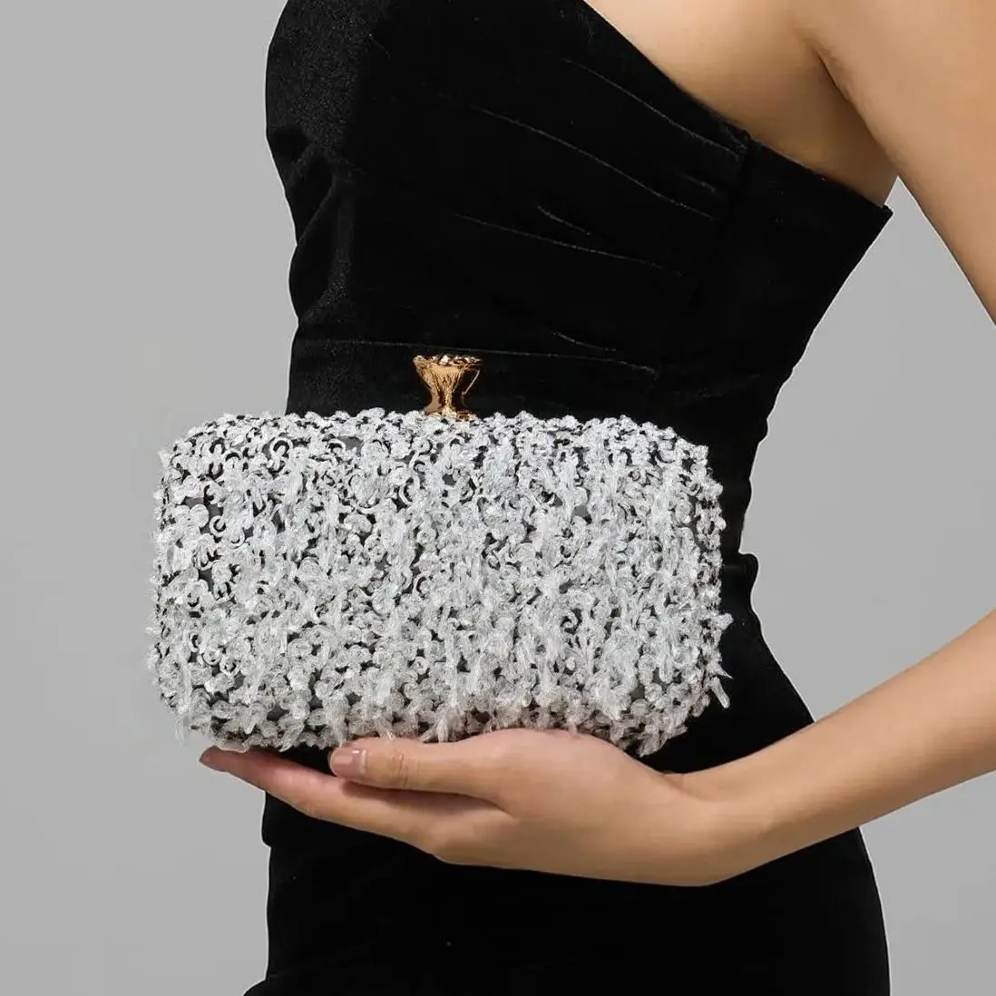 Sky Blue Embroidery Clutch Evening Bag with Acrylic Beading