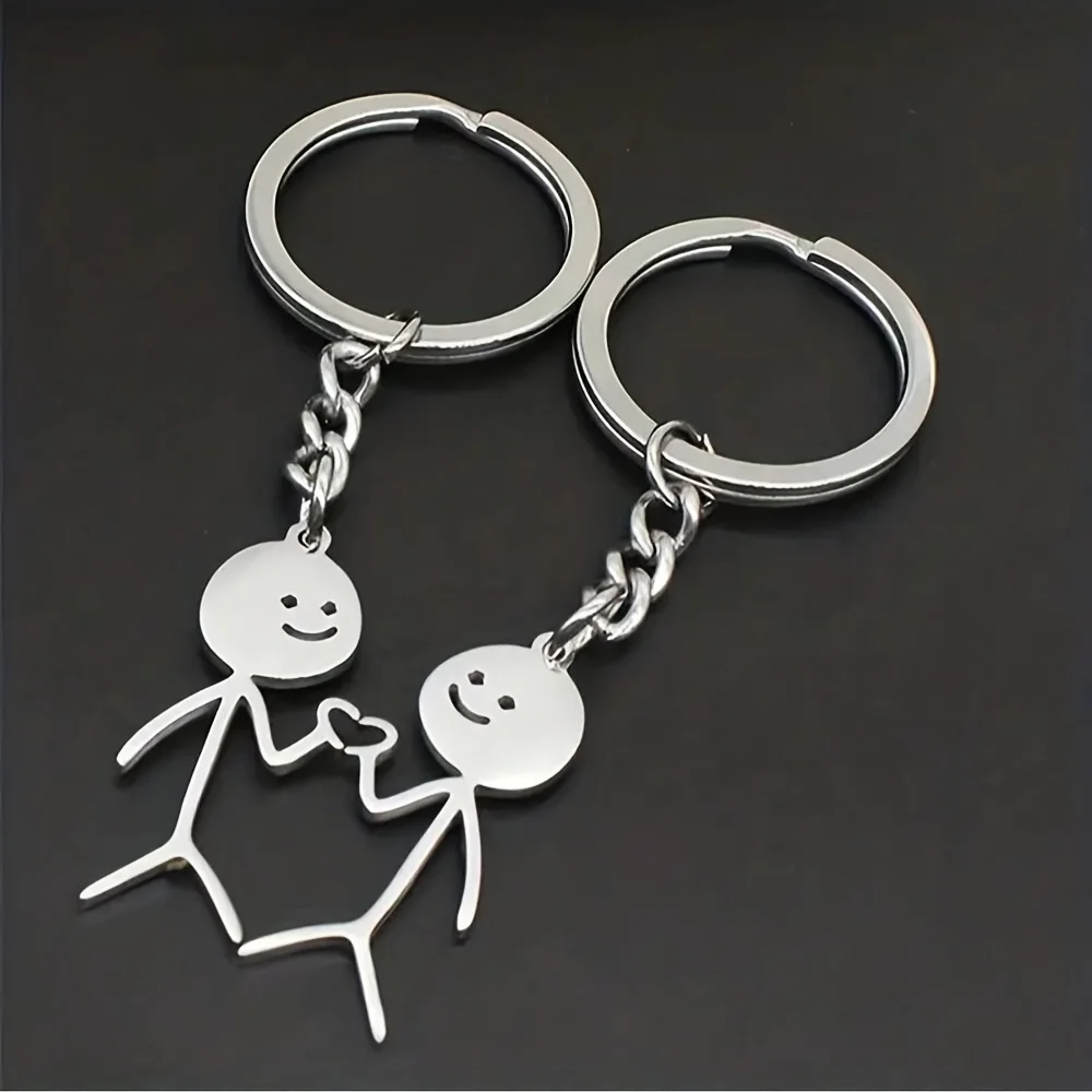 2-Piece "Stick Figure Couple" Heart-Shaped Keychains for Men - Cute Alloy Key Chains - Image 2
