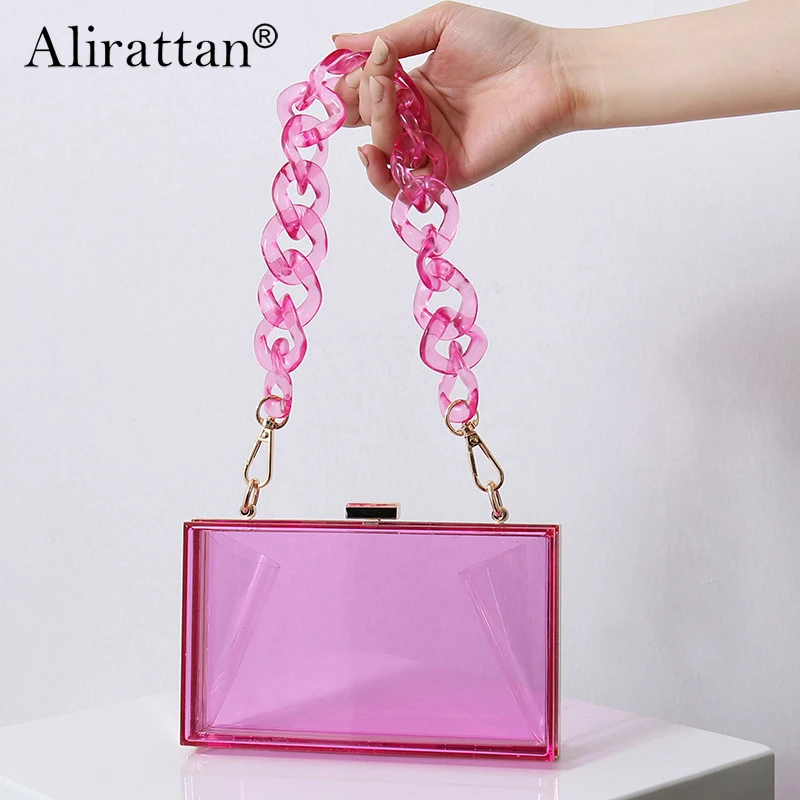 

Alirattan 2024 Summer New Fashion Acrylic Bag Ladies Shoulder Chain Messenger Dinner Party Bag Square Box Transparent Bag