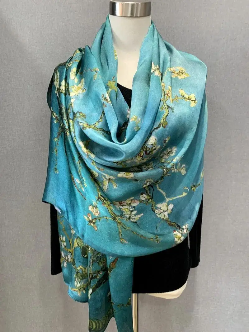 100% Natural Silk Scarf for Women Van Gogh Oil Painting Bandana Gifts for Ladies Spring Apricot Tree Digital Print Shawl Foulard 2